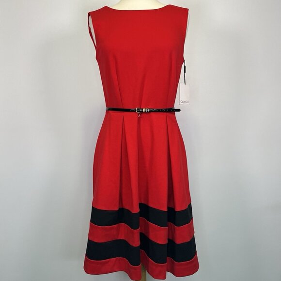 Calvin Klein Dress Fit Flare Cocktail Pleated Belted Red Black Women’s 6 NWT - Picture 1 of 8